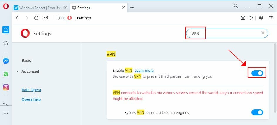 enable Opera VPN