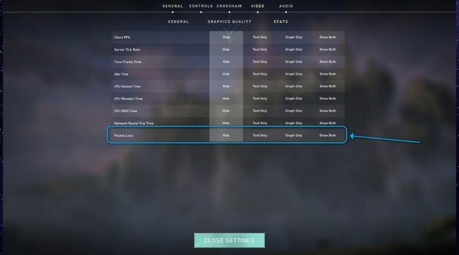 Enable packet loss stats in Valorant