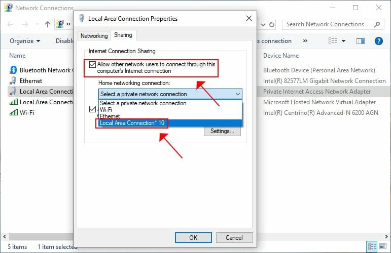 enable Internet connection sharing on Windows 10