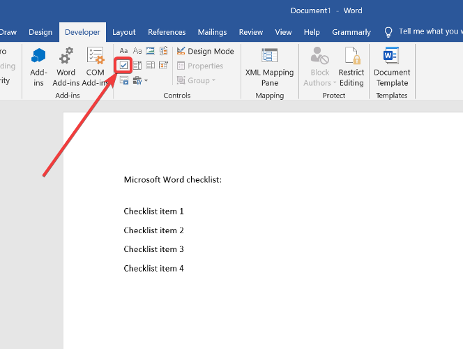 checkbox content control word