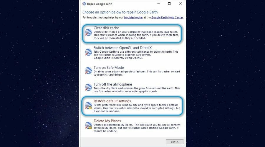 Google Earth's Repair Tool