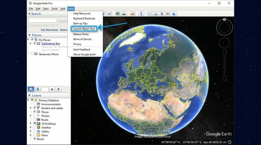 The Help button on Google Earth