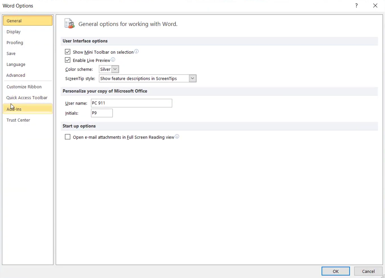 ms word settings