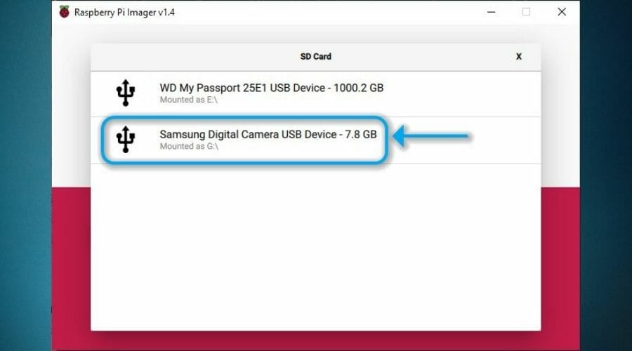 Select card Raspberry Pi Imager