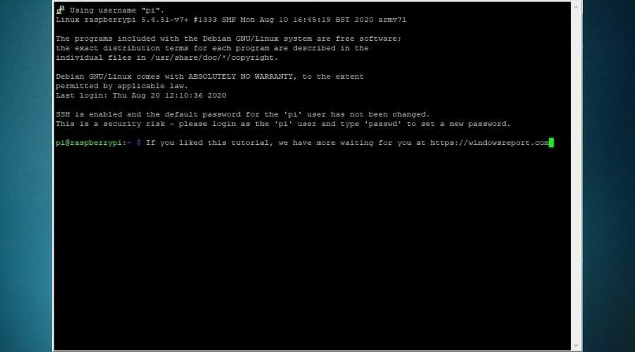 Main screen SSH Raspberry Pi