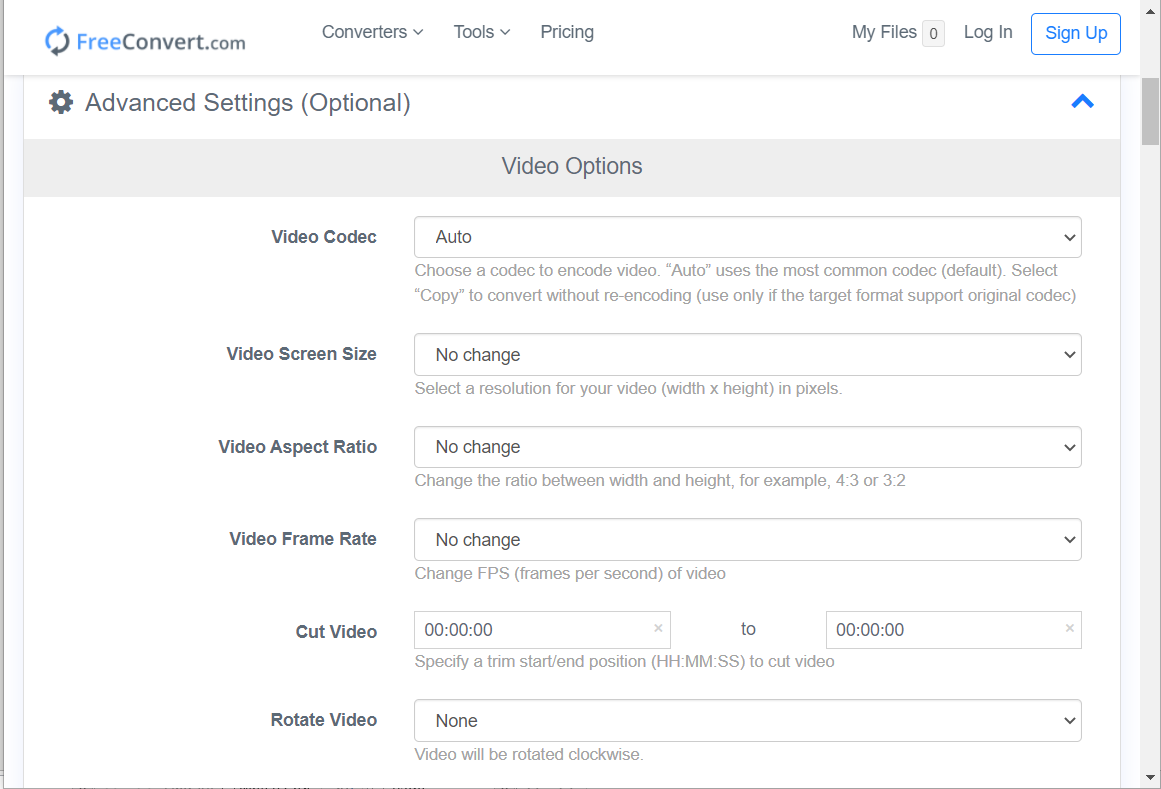 go to advanced options freeconvert