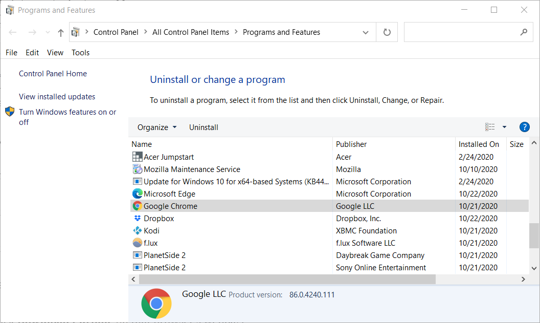uninstall chrome programs and features window