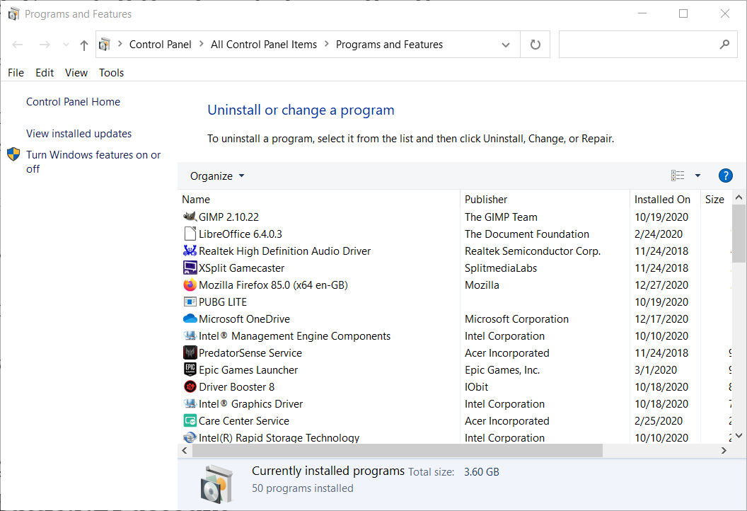 The Programs and Features applet blizzard error code 2