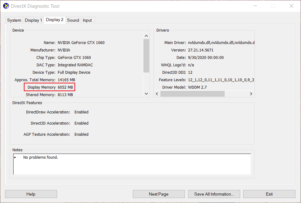 Display 2 tab how much vram do i have windows 10