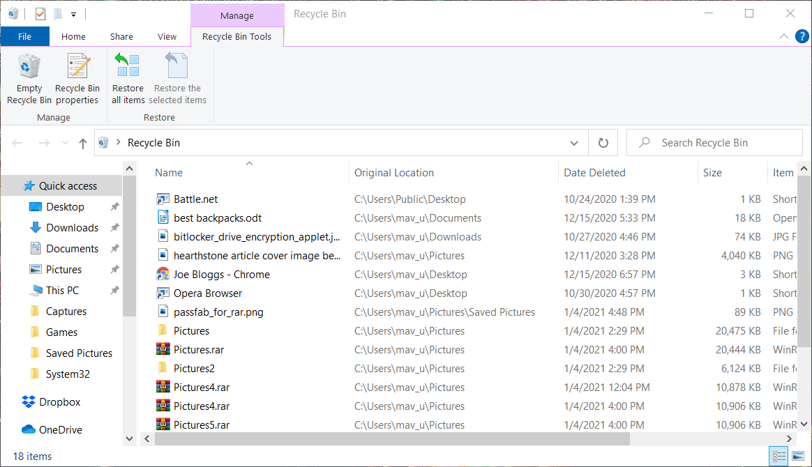 Recycle Bin cover recently deleted files