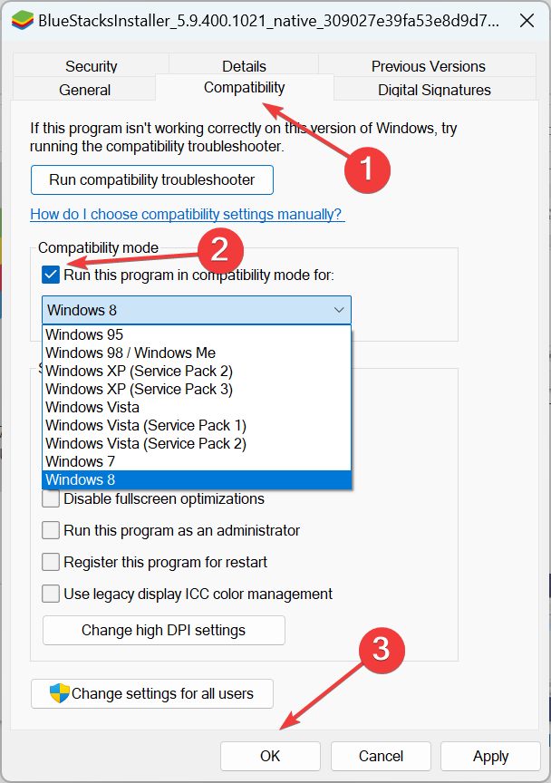 compatibility mode to fix bluestacks not installing