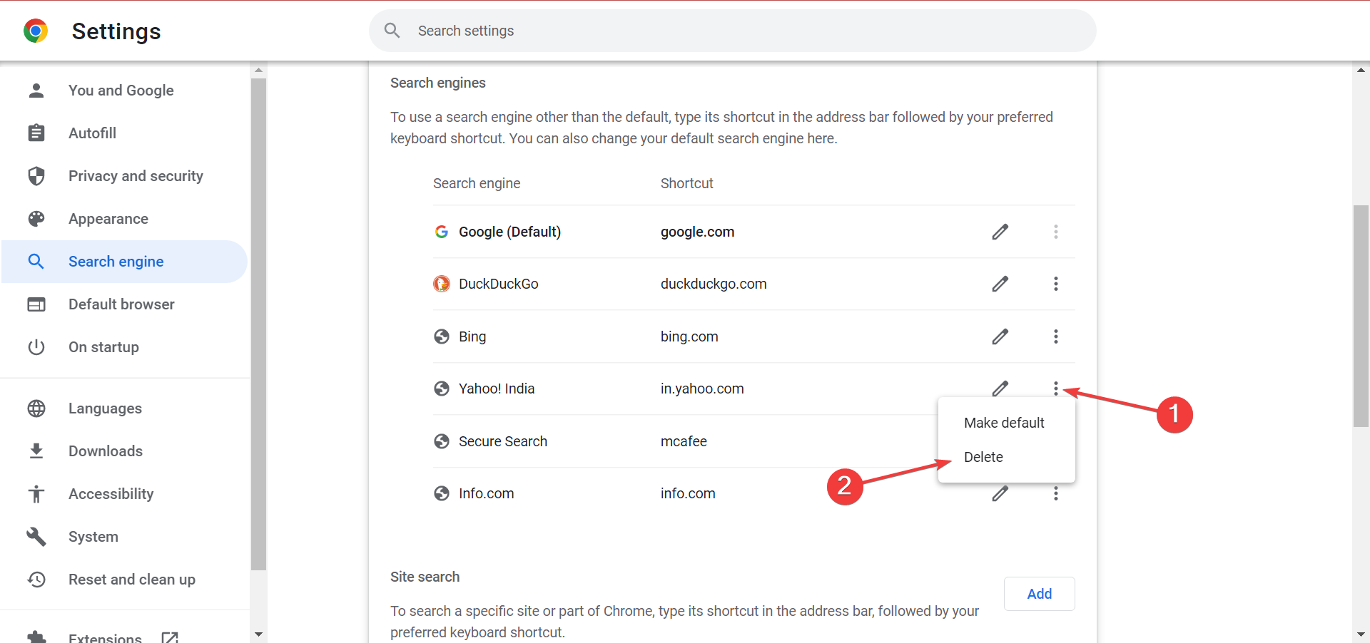 Delete to how to get rid of yahoo search