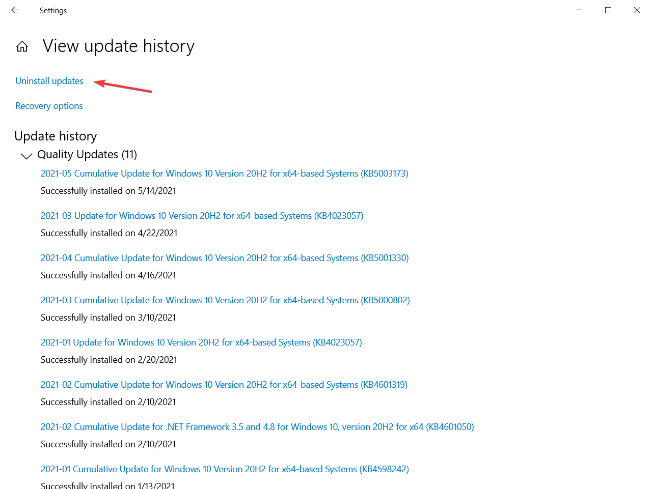 click on uninstall updates