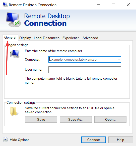 remote desktop connection general tab