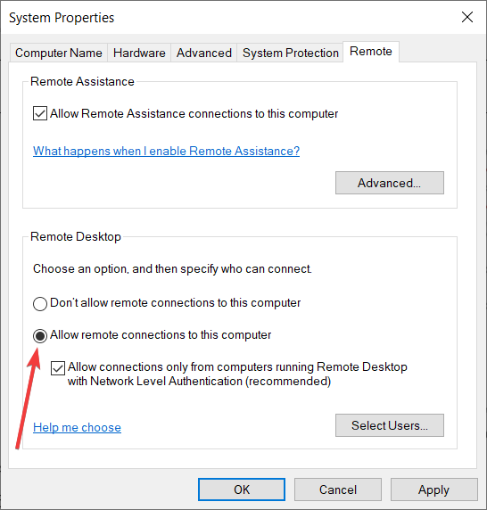 allow remote connections windows 10 setting