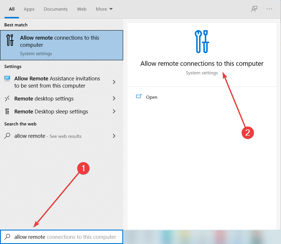 allow remote connections windows search
