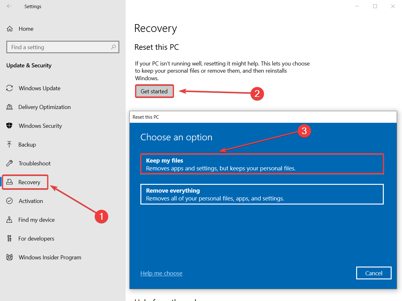 reset this pc control panel