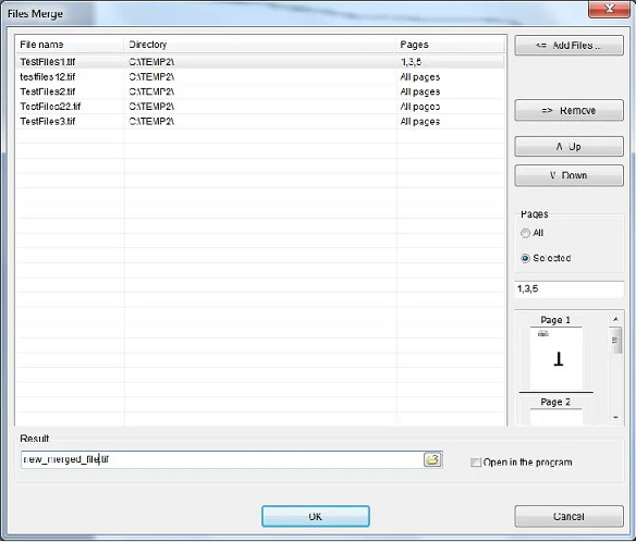 A Files Merge window combine tiff files