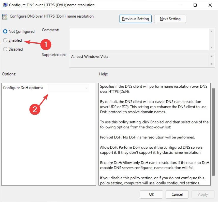 from the Configure DoH options to select the preferred option