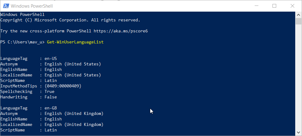 The Get-WinUser command Cannot remove keyboard language Windows 10