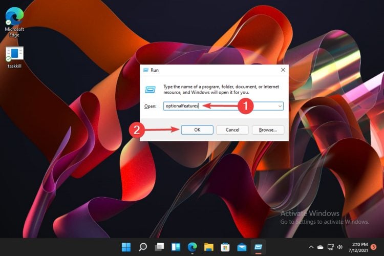 optional features run dialog