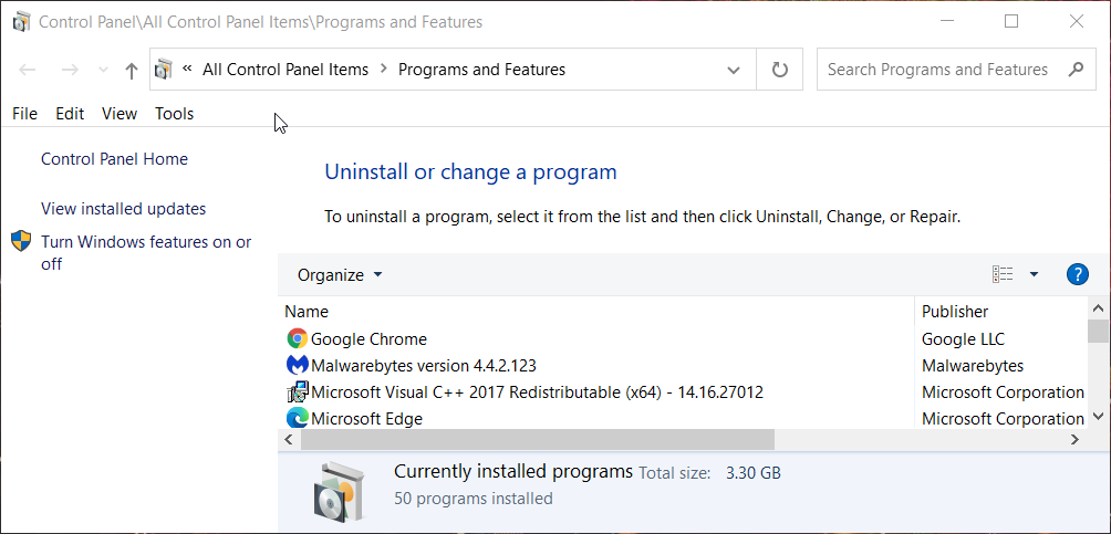The Programs and Features applet avast error occurred during uninstallation