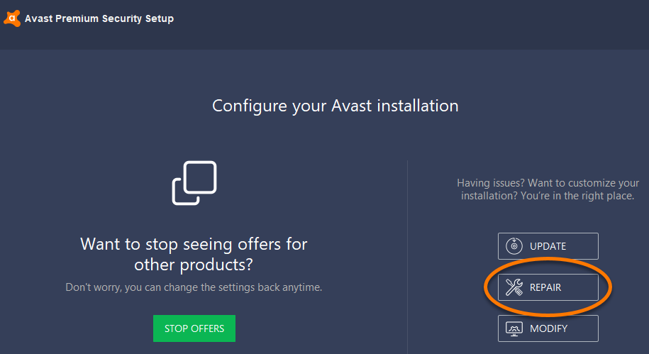 Repair button avast error occurred during uninstallation