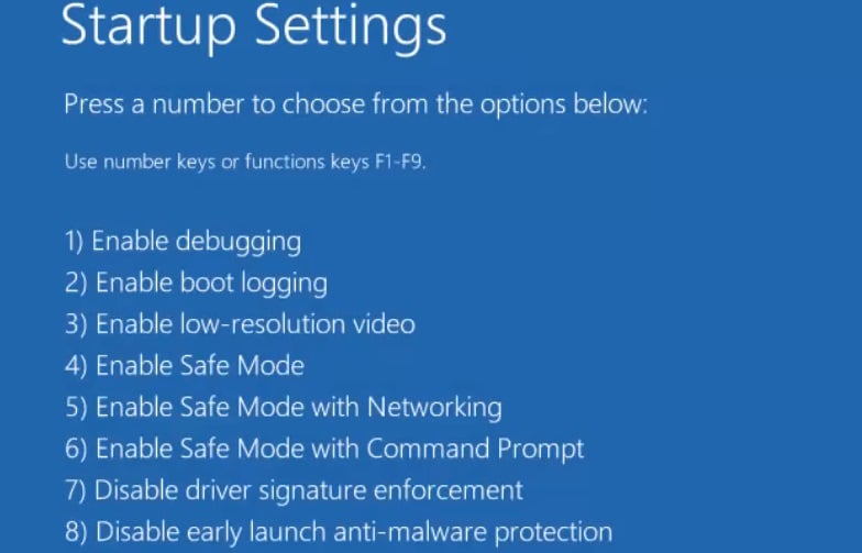 Startup Setttings menu avast error occurred during uninstallation