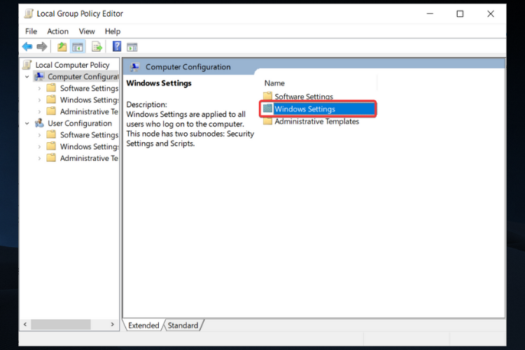 Windows settings