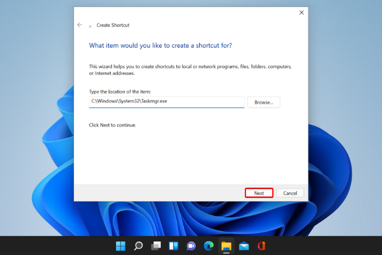 click on Next shortcut