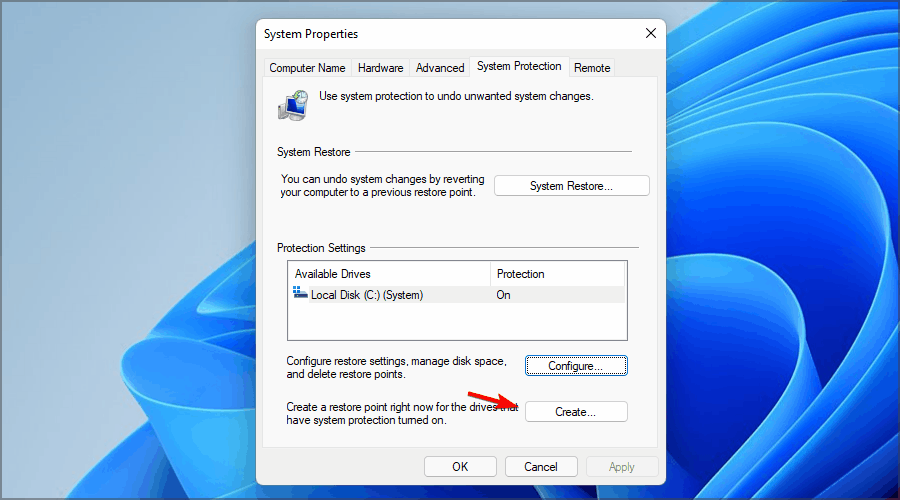 system properties create restore point windows 11