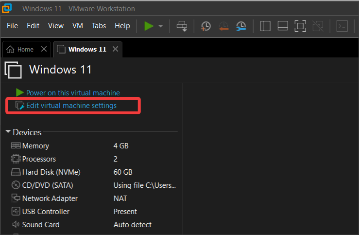 right click on virtual machine and select edit settings