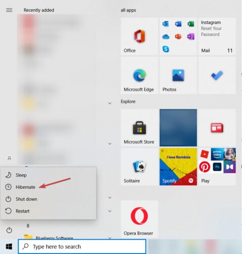 hibernate button power menu windows 10