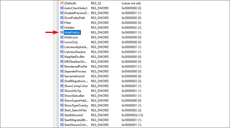 hide file extensions registry editor