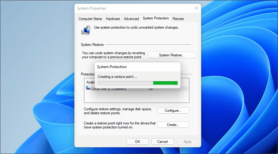 create restore point windows 11 wait
