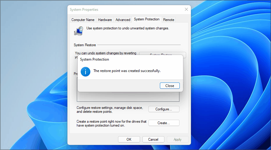 create restore point in windows 11 finish