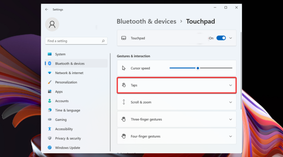 windows 11 taps settings