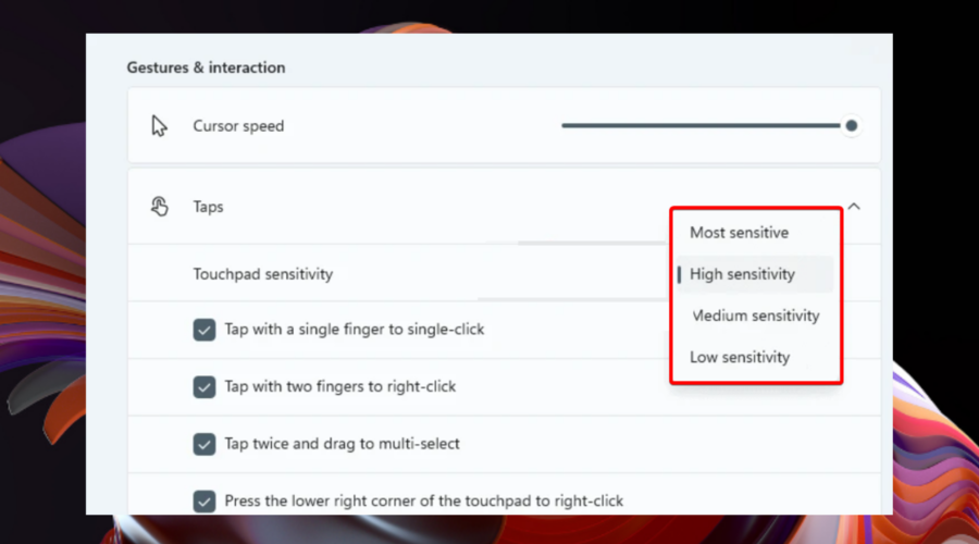sensitivity window tap settings control panel