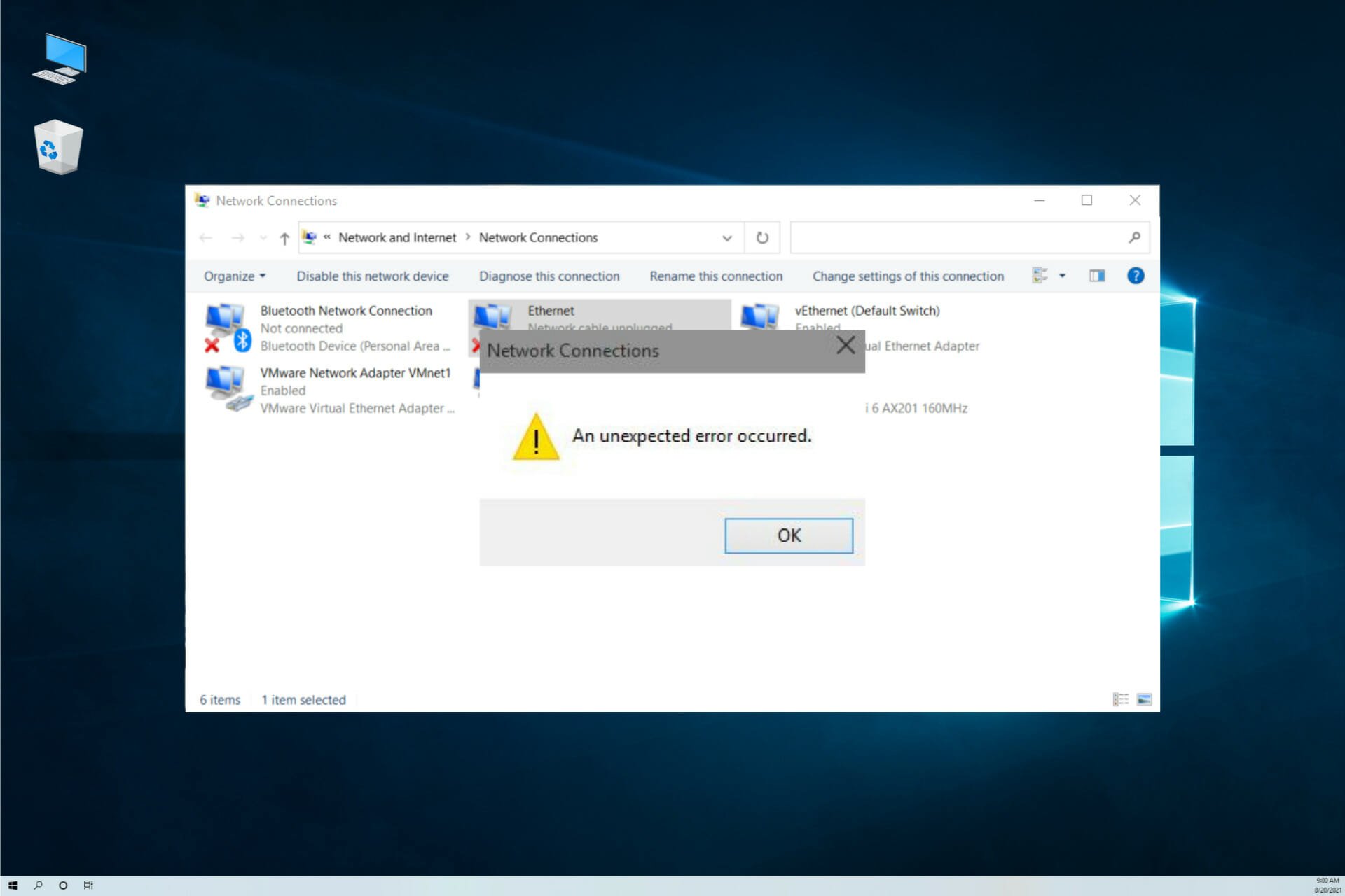 How to fix the Ethernet properties An unexpected error occurred