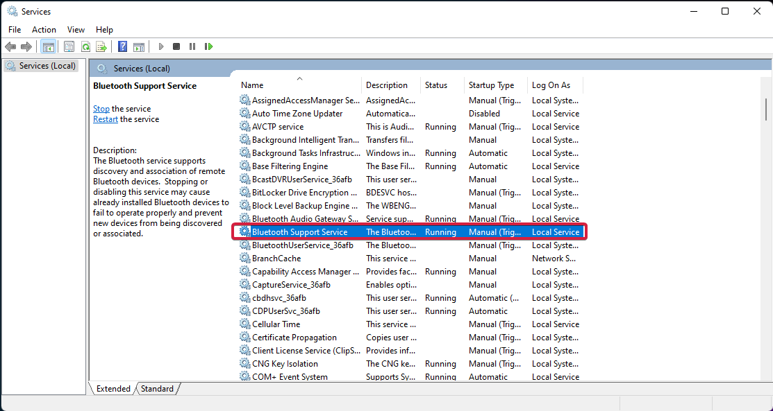 bluetooth support service click