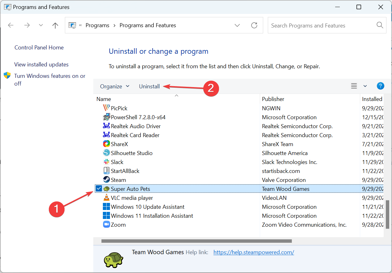 remove from programs and features to fix steam crashes when uninstalling a game