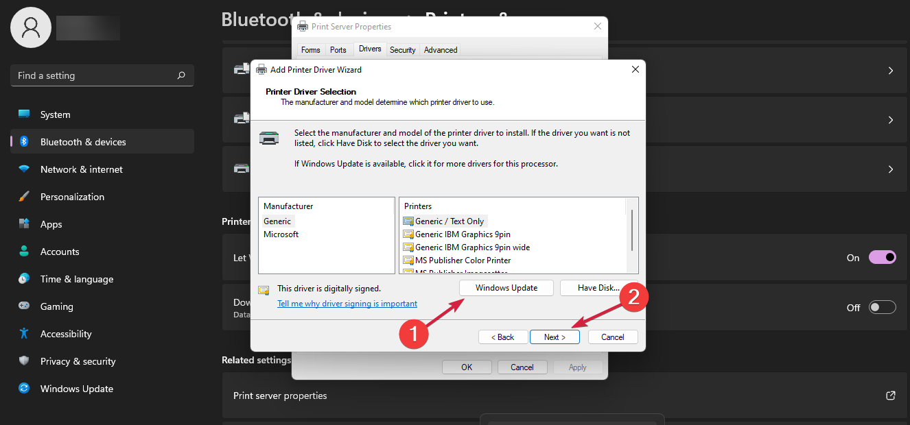 w11 select printer driver