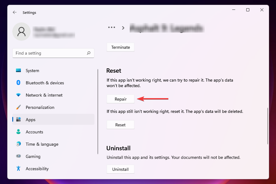 Repair the app that won't open