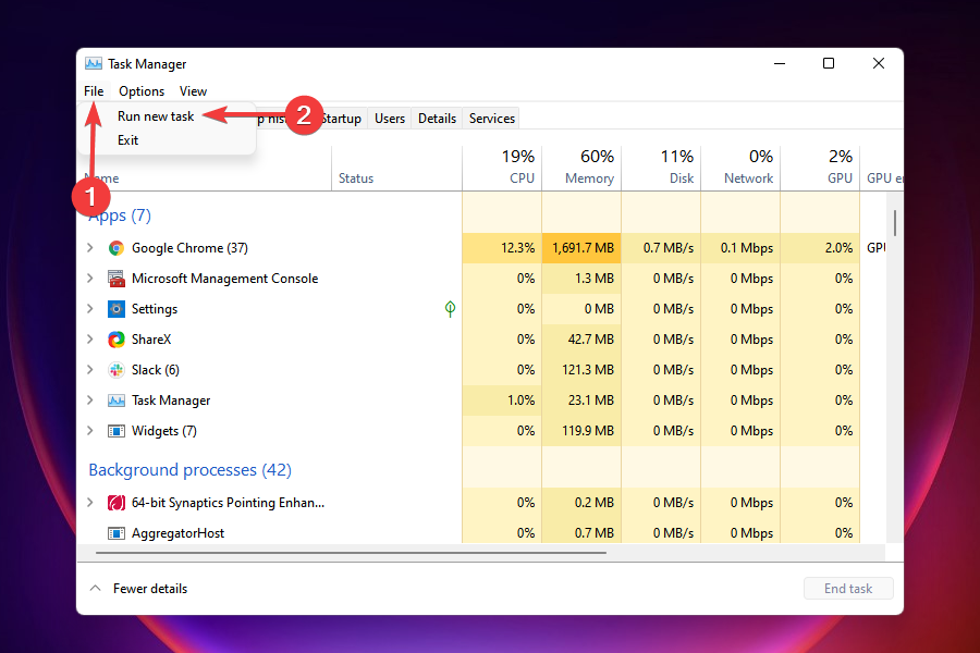Execute uma nova tarefa no Gerenciador de Tarefas