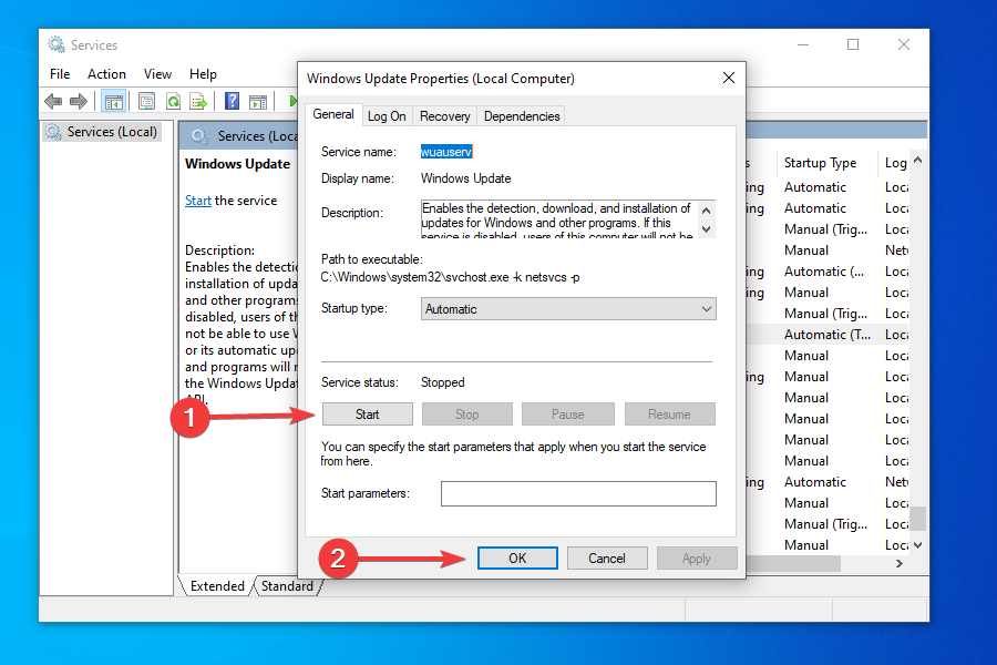 Start Windows Update service