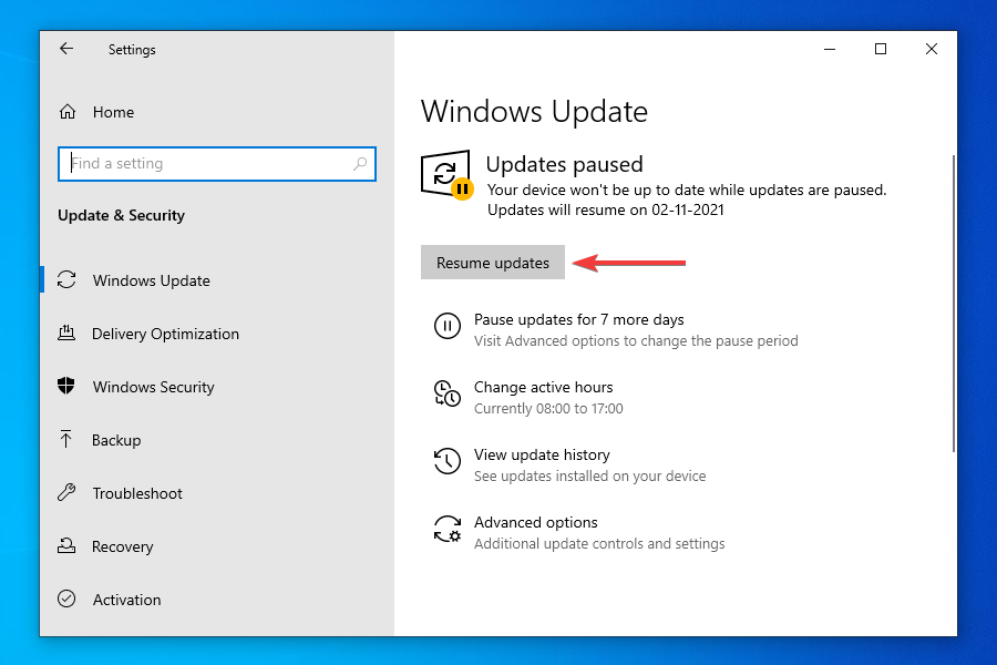 Resume Windows Update