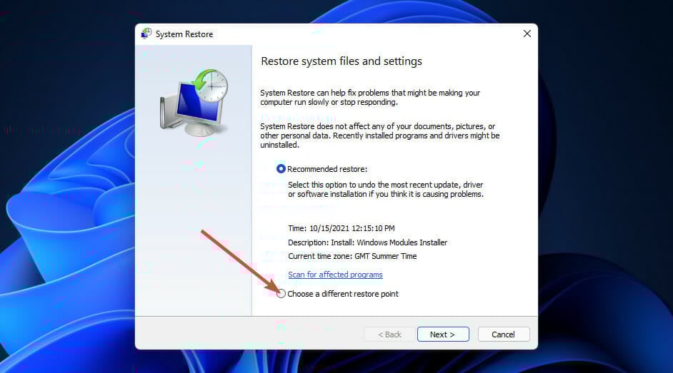  The Choose a different restore point radio button clock watchdog timeout windows 11