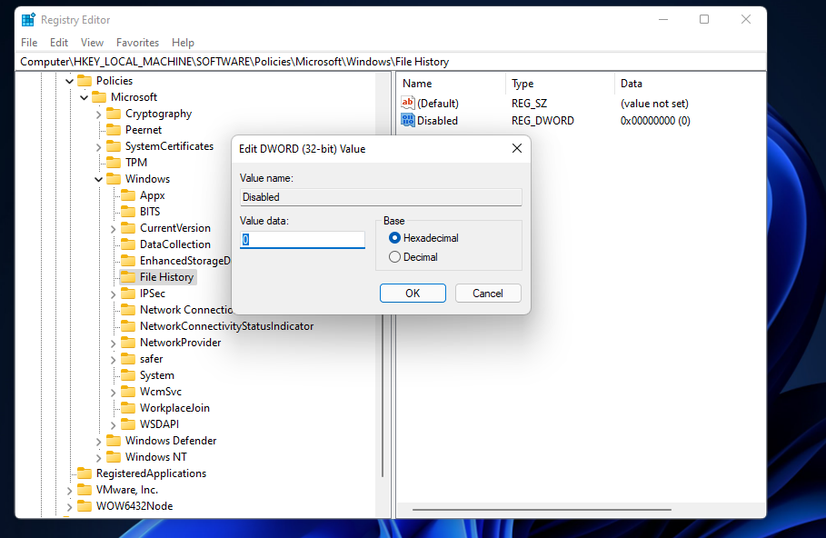 The Edit DWORD Value window windows 11 file history