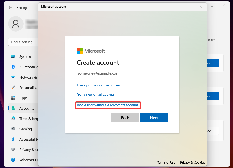 Add a user without a Microsoft account
