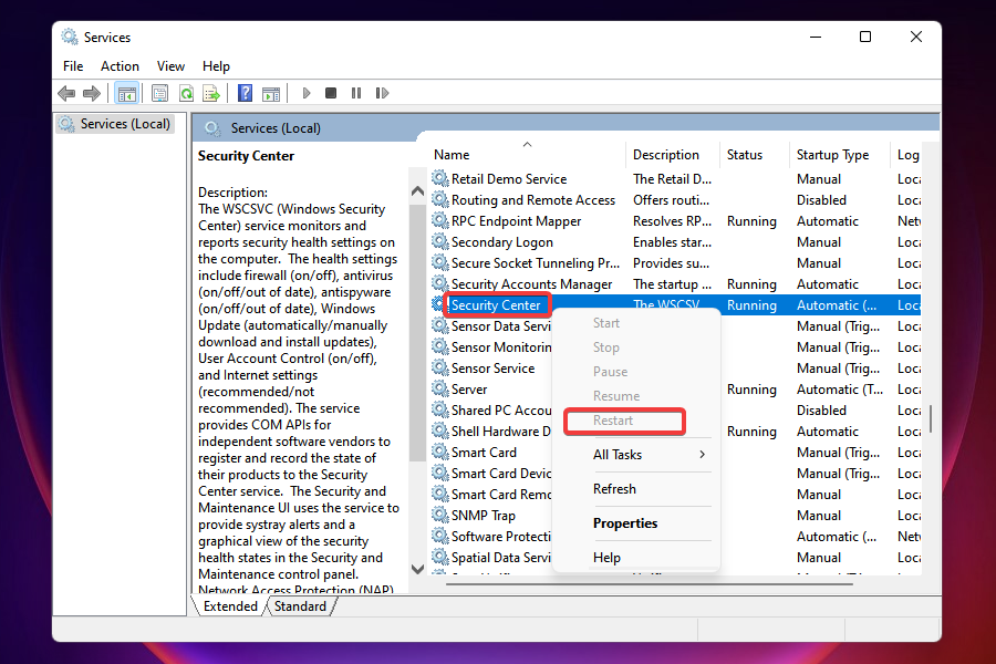 restart security center service